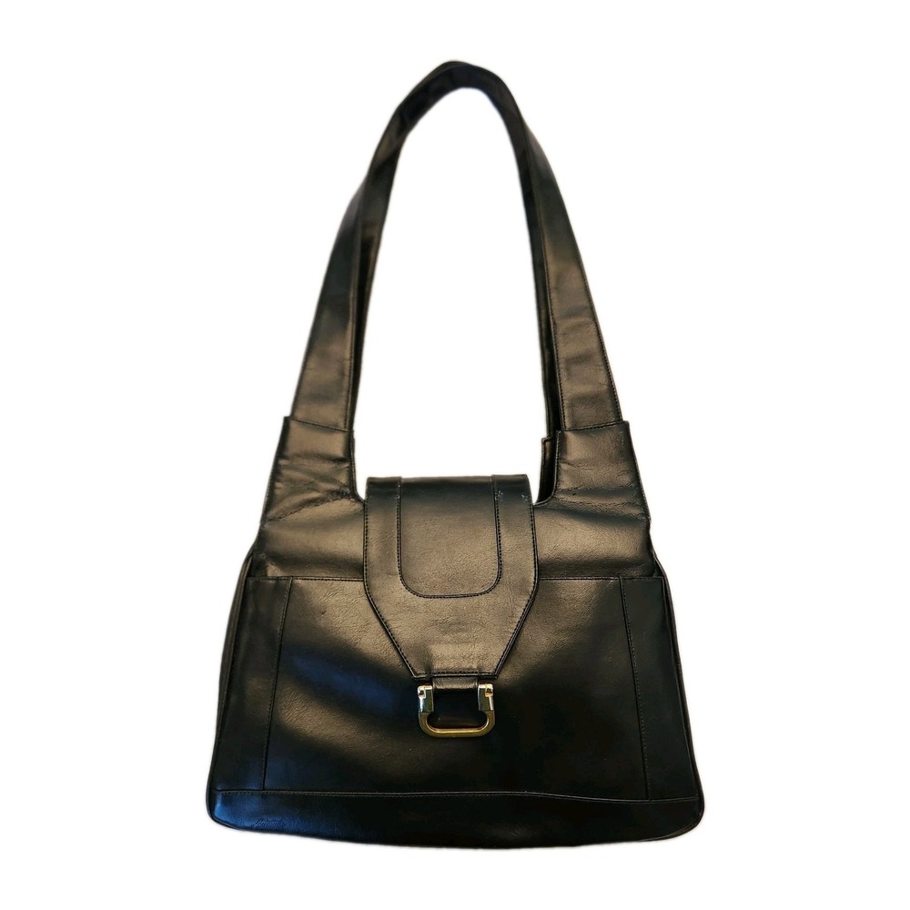 Vintage Lou Taylor Black Leather Shoulder Bag 1970s Designer Purse,Signed Mirror